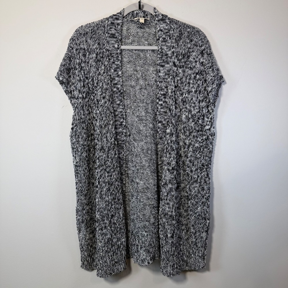 Eileen Fisher Cardigan‎ Vest Women Large Black White Linen Blend Knit Longline